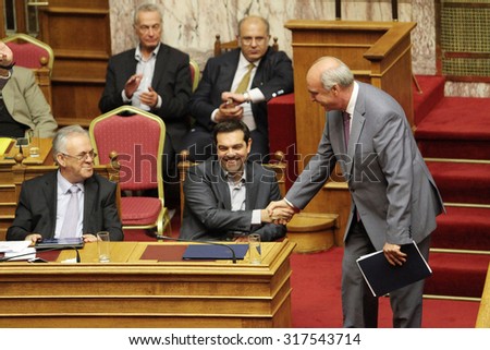 ATHENS, GREECE - AUGUST 13,2015: The leader of New Democracy Vangelis Meimarakis (R) and the leader of SYRIZA Alexis Tsipras (L) in the Greek Parliament