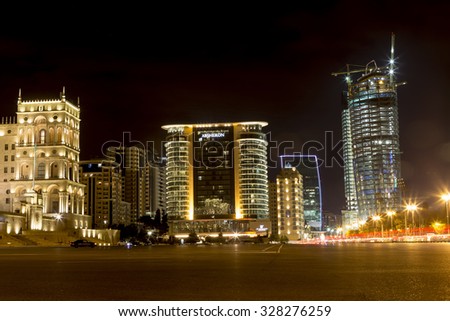 Baku, Azerbaijan - September 16, 2015: City view of the capital of Azerbaijan, Baku at night, in Azerbaijan.