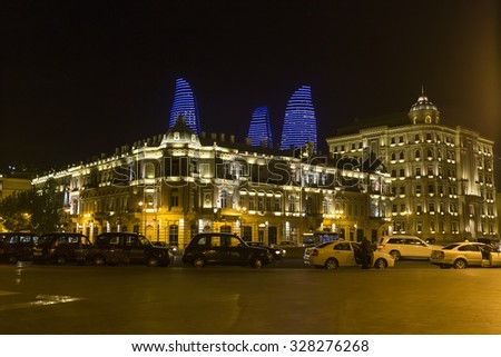 Baku, Azerbaijan - September 16, 2015: City view of the capital of Azerbaijan, Baku at night, in Azerbaijan.