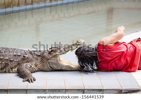 THAILAND, Kanjanaburi - SEPTEMBER 29: An unidentified zoo keeper puts a head in a mouth of the crocodile as part of \