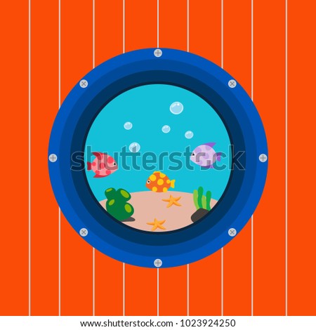 a ship porthole with fish. Marine background with waves