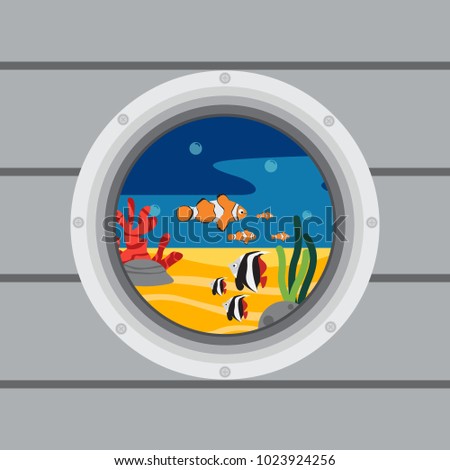 a ship porthole with fish. Marine background with waves