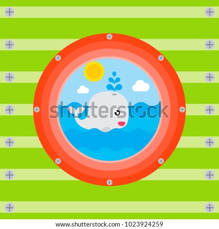 a ship porthole with fish. Marine background with waves