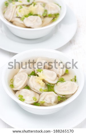 chicken broth with Chinese dumplings, top view, vertical