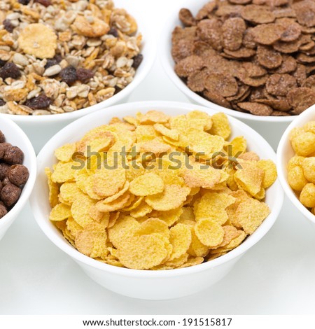 assortment breakfast cereals in bowls, close-up