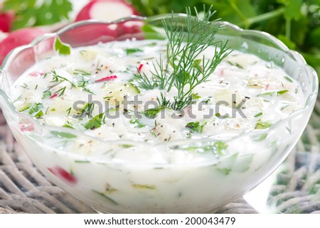 cold vegetable soup with kefir (okroshka), close-up, horizontal