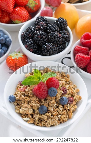 Delicious and healthy breakfast with fruits, berries and cereal, top view