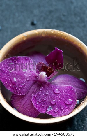 Detail of orchid petals floating on bowl of water