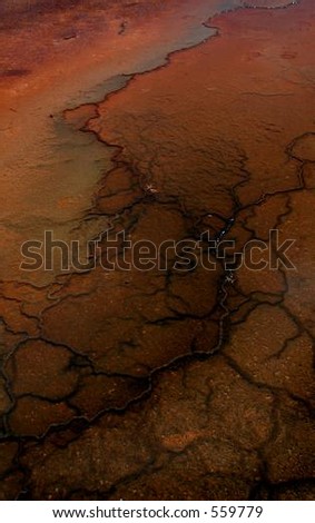 Patterns in colorful mud flats of Grand Prismatic Hot Spring in Yellowstone National Park, Wyoming
