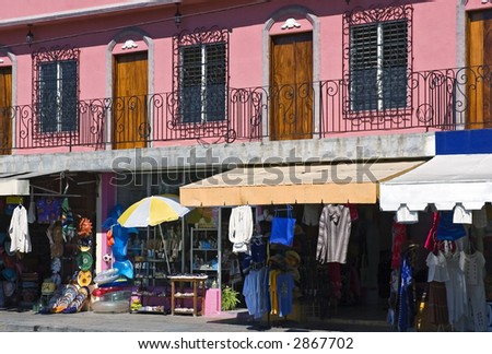 Mazatlan Mexico street scene with vendors and architecture