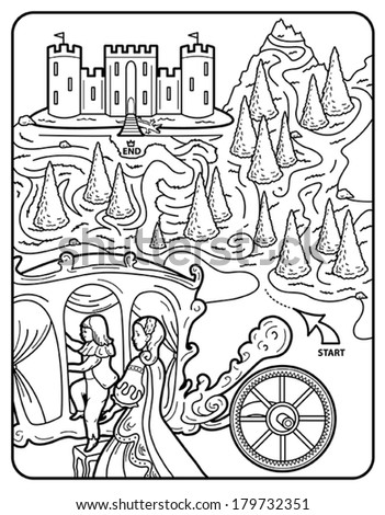 Vector Art: coloring book page, maze, English princess, castle, carriage