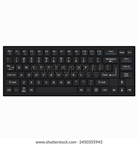 Black computer keyboard created in adjustable vector art format. Office graphic tech illustration includes typing keys with many icons and symbols. Easily hide parts you don't need.