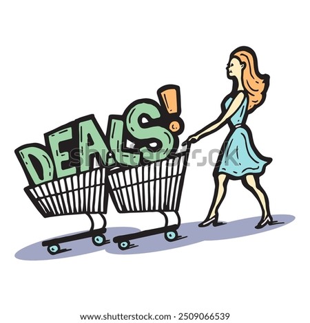 Woman shopping and pushing two shopping carts filled with the word deals. Retro vector art symbolizes saving money, bargain shopping, and online savings.