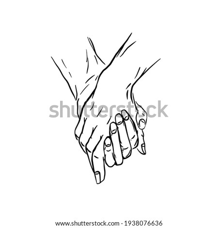 Sketch of two humans holding hands close up. Hand in hand. Outline graphic elements. Monochrome concept for Valentine's Day. Black line isolated on white background. Stock vector illustration