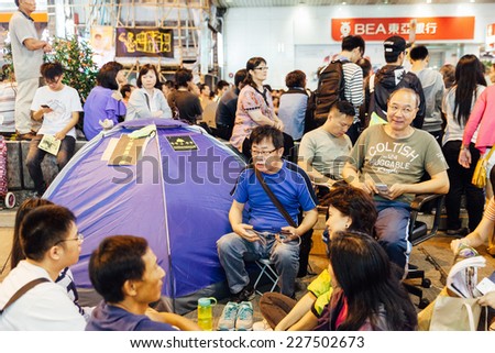 HONG KONG, OCT 24: Umbrella Revolution in Mongkok on 24 October 2014. Hong Kong people last this movement for a month and set up many tents in occupied zone.