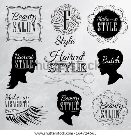 Set Beauty salon, side view in a retro style and stylized for the drawing with coal on the board. Vector