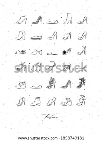 Women shoes different types set drawing in vintage style on white background Сток-фото © 