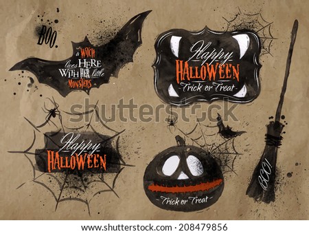 Halloween set symbols pumpkin, broom, bat, spider webs, lettering and stylized drawing on kraft paper