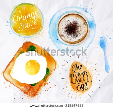 Breakfast painted watercolor toast with scrambled egg, orange juice, cup of coffee.