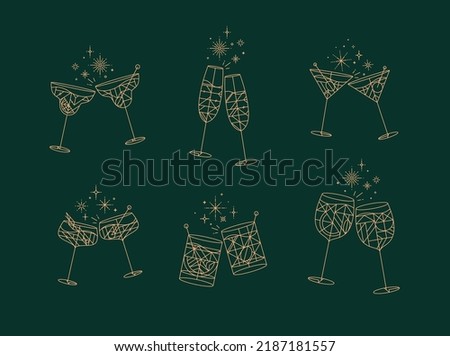 Cocktail glasses cheers for prosecco, wine, whiskey, vermouth, gin, martini, aperol, margarita in modern flat line style drawing on green background