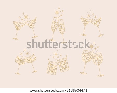 Cocktail glasses cheers for prosecco, wine, whiskey, vermouth, gin, martini, aperol, margarita in modern flat line style