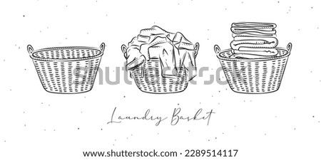 Laundry baskets empty, with dirty and clean clothes drawing in graphic style on white background