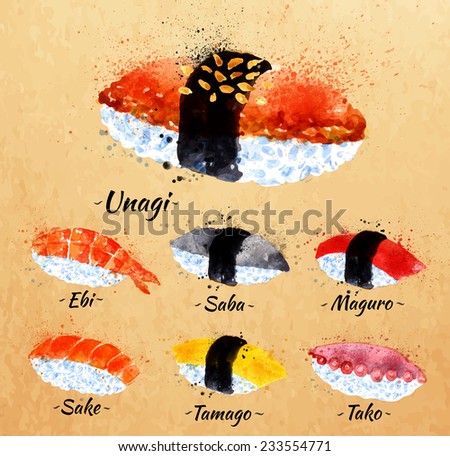 Sushi watercolor set hand drawn with stains and smudges unagi, sabe, maguro, sake, tamago, tako in kraft