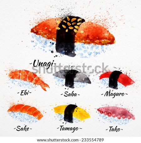 Sushi watercolor set hand drawn with stains and smudges unagi, sabe, maguro, sake, tamago, tako