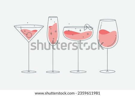 Cocktail glasses manhattan champagne wine daiquiri drawing in flat line style