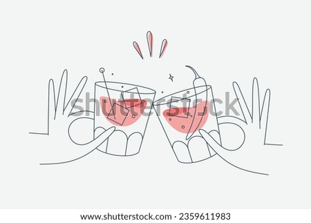 Hand holding whiskey and old fashioned cocktails clinking glasses drawing in flat line style