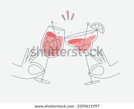 Hand holding margarita and sprits cocktails clinking glasses drawing in flat line style