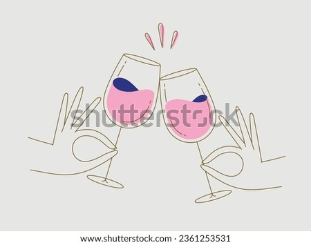 Hand holding wine clinking glasses drawing in flat line style on beige background