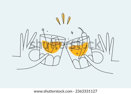 Hand holding whiskey and old fashioned cocktails clinking glasses drawing in flat line style on light background