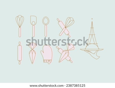 Kitchen utensils in art deco style to prepare bakery products whisk, spatula, measuring spoon, rolling pin, pastry bag, potholder, dish drawing with pink on turquoise background