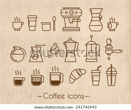 Coffee icons execution lines in minimalistic style symbol cup, french press on the background craft
