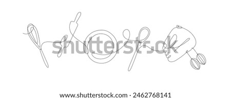 Kitchen tools whisk, spatula, plate, rolling pin silhouette drawing in linear style on white background