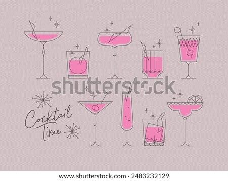 Cocktails time set with glasses drawing in retro style on pink background