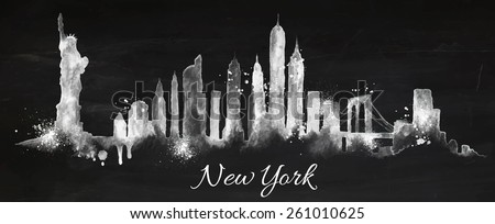 Silhouette New york city with splashes drops and streaks landmarks drawing with chalk on blackboard