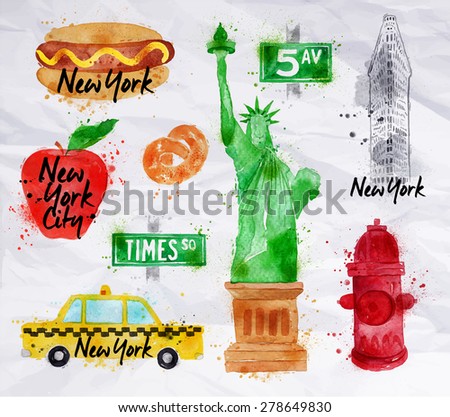New York symbols watercolor drawing with drops and splash on a crumled paper, pretzel, statue of liberty, red hydrant, 5av.