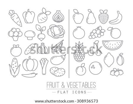 Set of flat fruits and vegetables icons drawing with black lines on white background