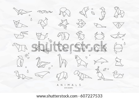 Set of animals white in flat style origami snake, elephant, bird, seahorse, frog, fox, mouse, butterfly, pelican, wolf, bear, rabbit, crab, monkey, pig, turtle, kangaroo on crumpled paper background