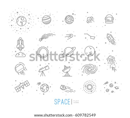 Space flat icons drawing with grey lines on white background.