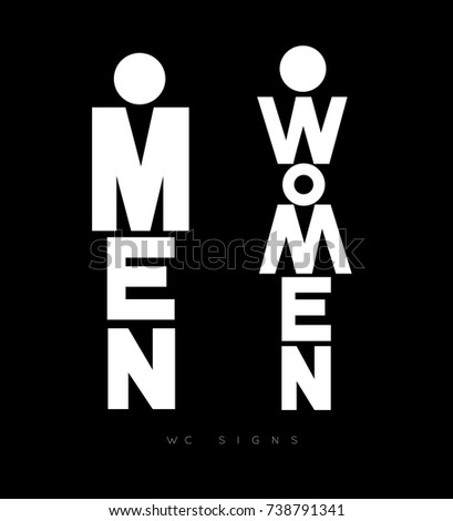 Toilet door plate lettering men and women drawing with white on black background