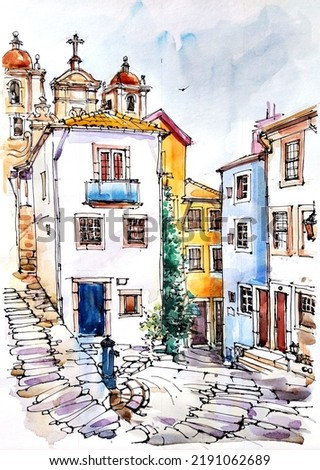 Lisbon Portugal Watercolor Travel Sketch. Lisbon cityscape. Portugal Architecture. Streets of the old city