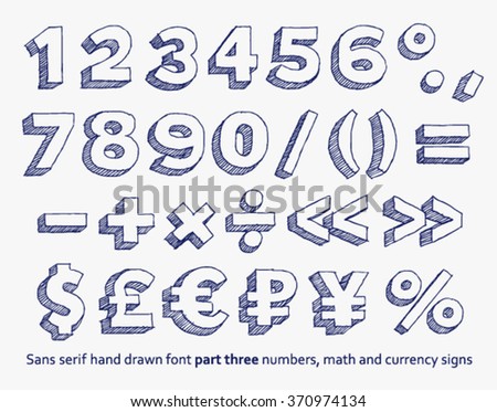 Vector hand drawn doodle numbers, mathematical  and money signs