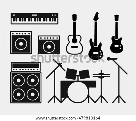 Music rock band instruments set, piano, amplifiers and combo amp, drums, acoustic and electric guitars and bass guitar, microphone