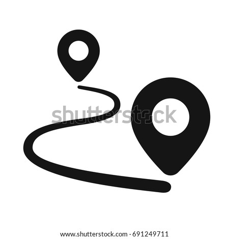 Route location icon, two map pin sign and road or path, start and end journey symbol, black color vector illustration isolated on white background