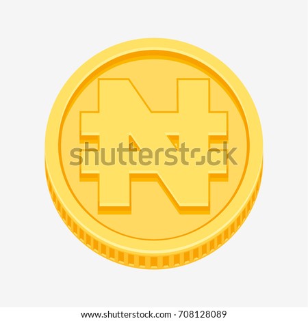 Nigerian naira symbol on gold coin, money sign vector illustration on white background