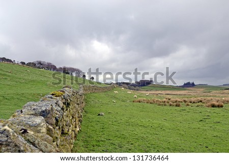 View of the countryside of northern England from the remains of Hadrian\'s Wall which was erected by the Romans.