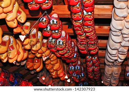 LISSE, NETHERLANDS-APRIL 13: A view of wooden shoes on display as one enters the Keukenhof of the Netherlands as seen on April 13, 2013.  The Keukenhof is known as the \